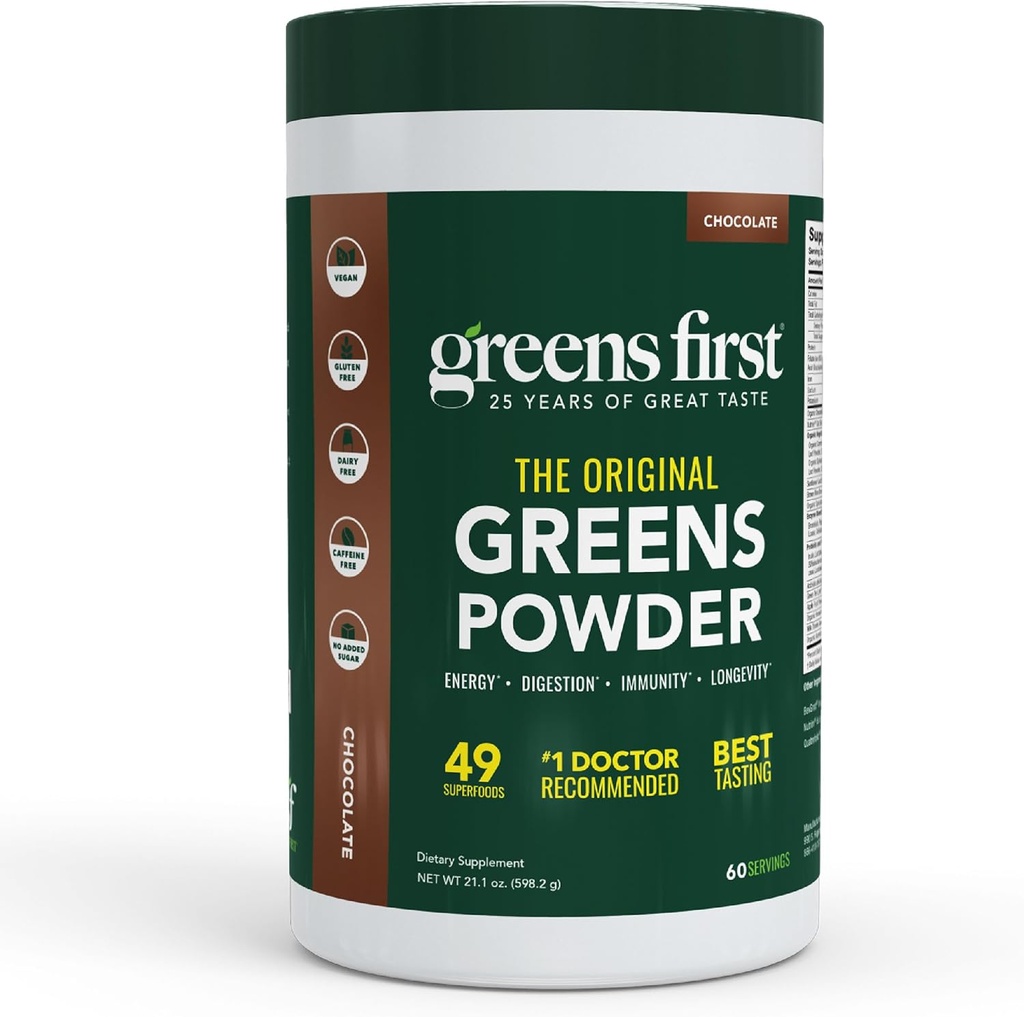 Greens First Original Greens Powder - 49 Superfoods - Organic Fruits & Veggies - Prebiotics, Probiotics, Digestive Enzymes - Antioxidant Smoothie - Dairy Free, Vegan, Non-GMO (Chocolate, 60 Servings)
