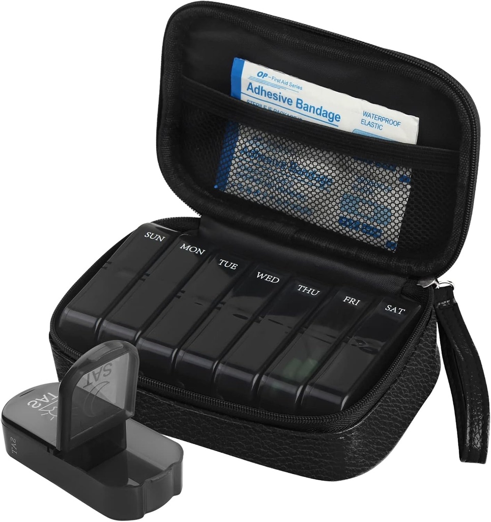 週刊PUの革丸薬袋のオルガナイザーの箱2日、ビタミン、魚油、補足および薬(黒)を握るAM PMの毎日の丸薬箱を回して下さい