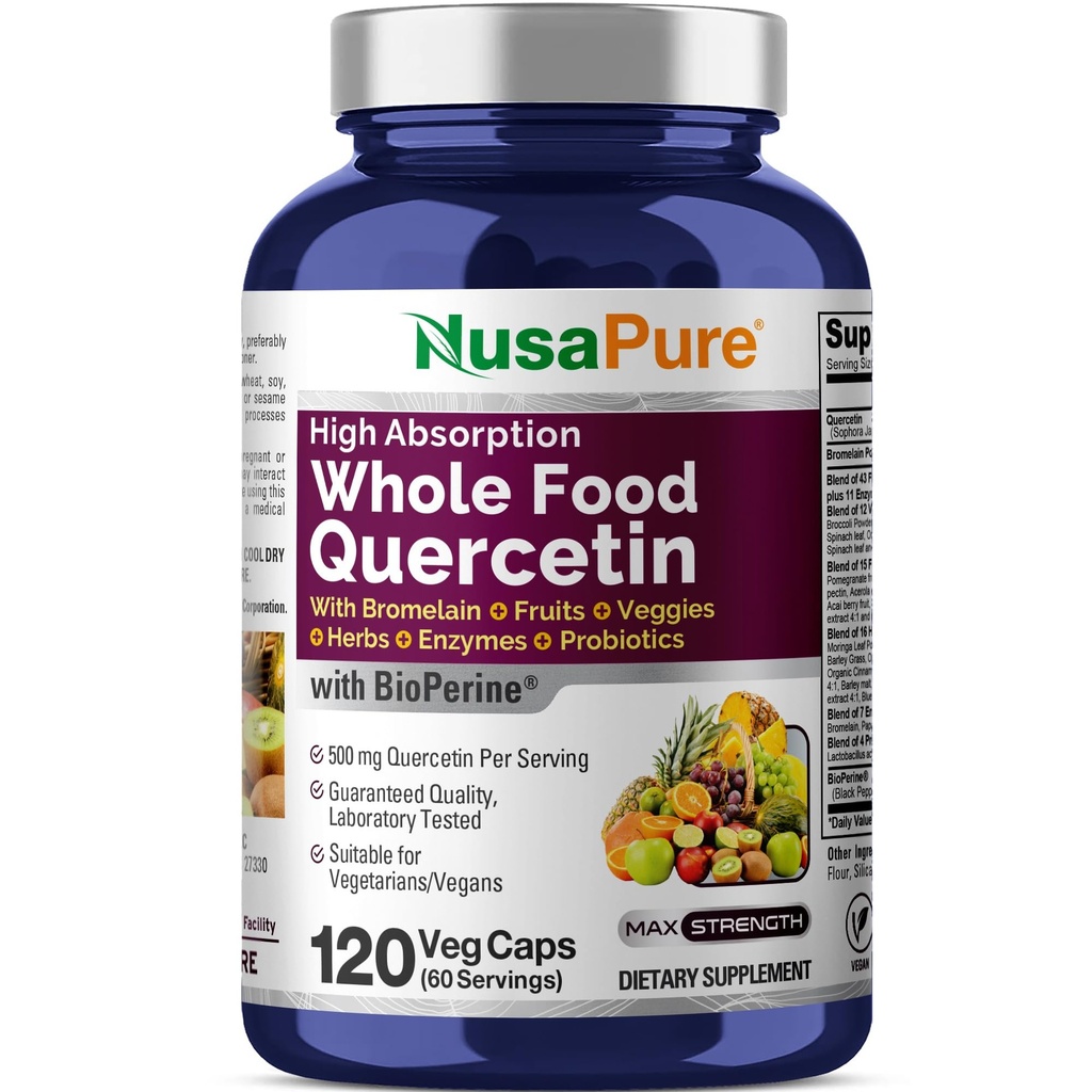 NusaPure Quercetin with Bromelain 500mg |120 Veggie Cap | 43 フルーツベジギー グレインハーブ酵素 プロバイオティック ブレンド | 非GMO、ビーガン、バイオペリン