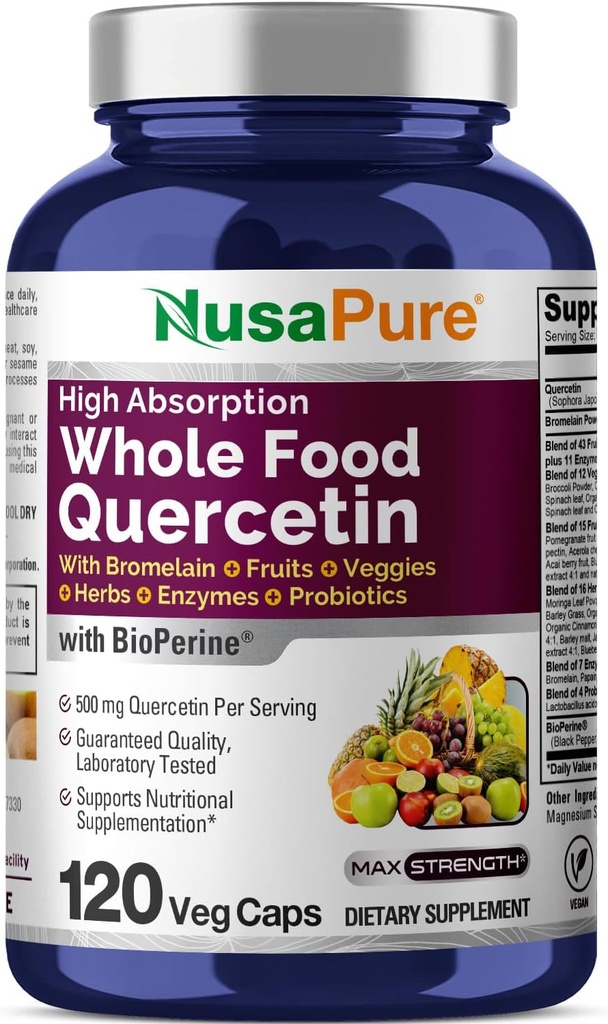 NusaPure Quercetin with Bromelain 500mg |120 Veggie Cap | 43 フルーツベジギー グレインハーブ酵素 プロバイオティック ブレンド | 非GMO、ビーガン、バイオペリン