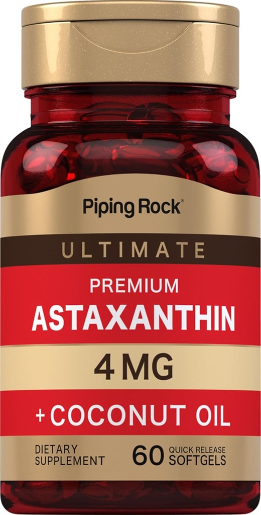 パイピングロックアスタキサンチン4mg | 60 Softgels | ココナッツオイルで | 藻エキスサプリメント | 非GMO、グルテンフリー