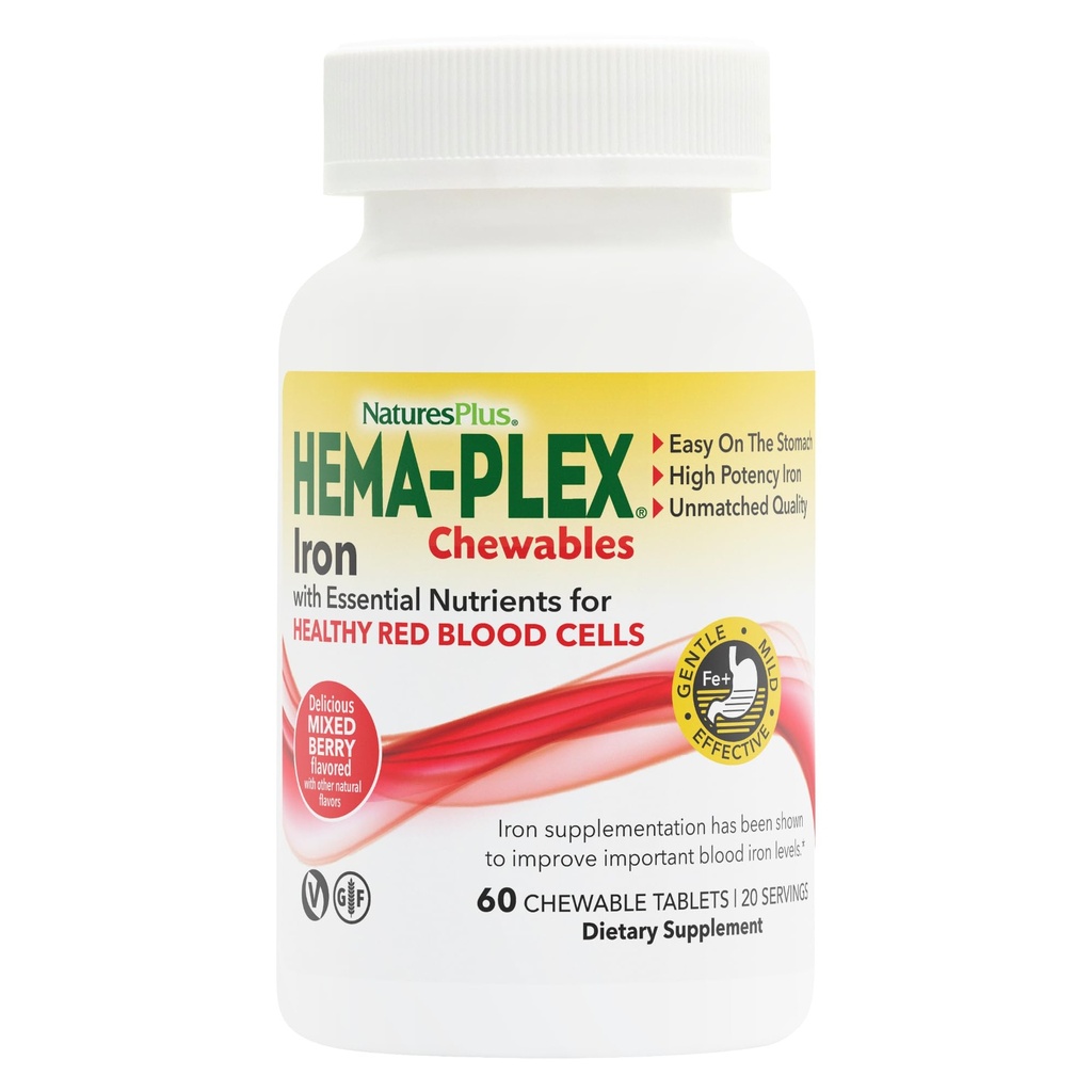 Natures Plus Hema-Plex アイロン - 60 混合ベリーケブル - 85 mg Elemental Iron - Total Blood Health - with Vitamin C & Bioflavonoid - ビーガン、グルテンフリー - 20 サービング