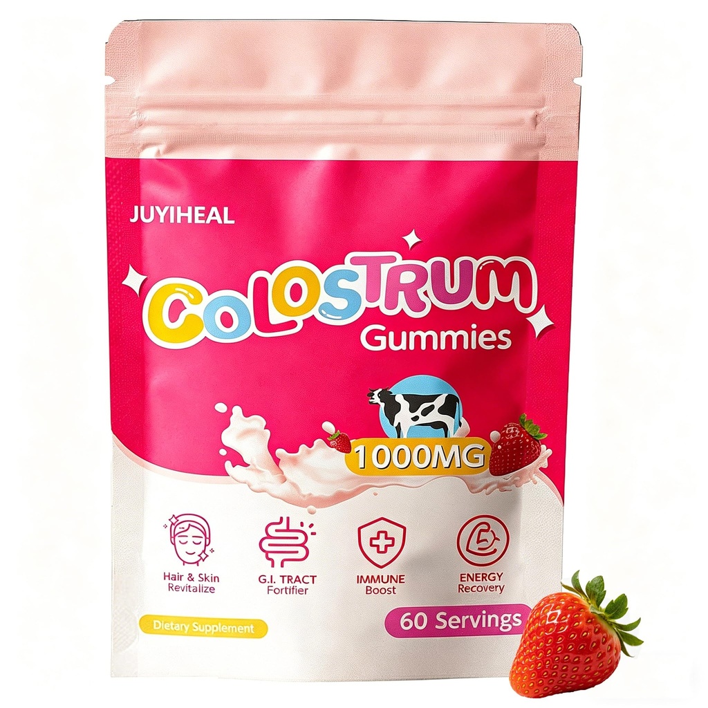 Colostrum Gummies、1000 mgの草のFedのColostrum Chews Colostrumの補足Gutの健康、毛の成長、美および免疫サポート、いちごの味60のサービング