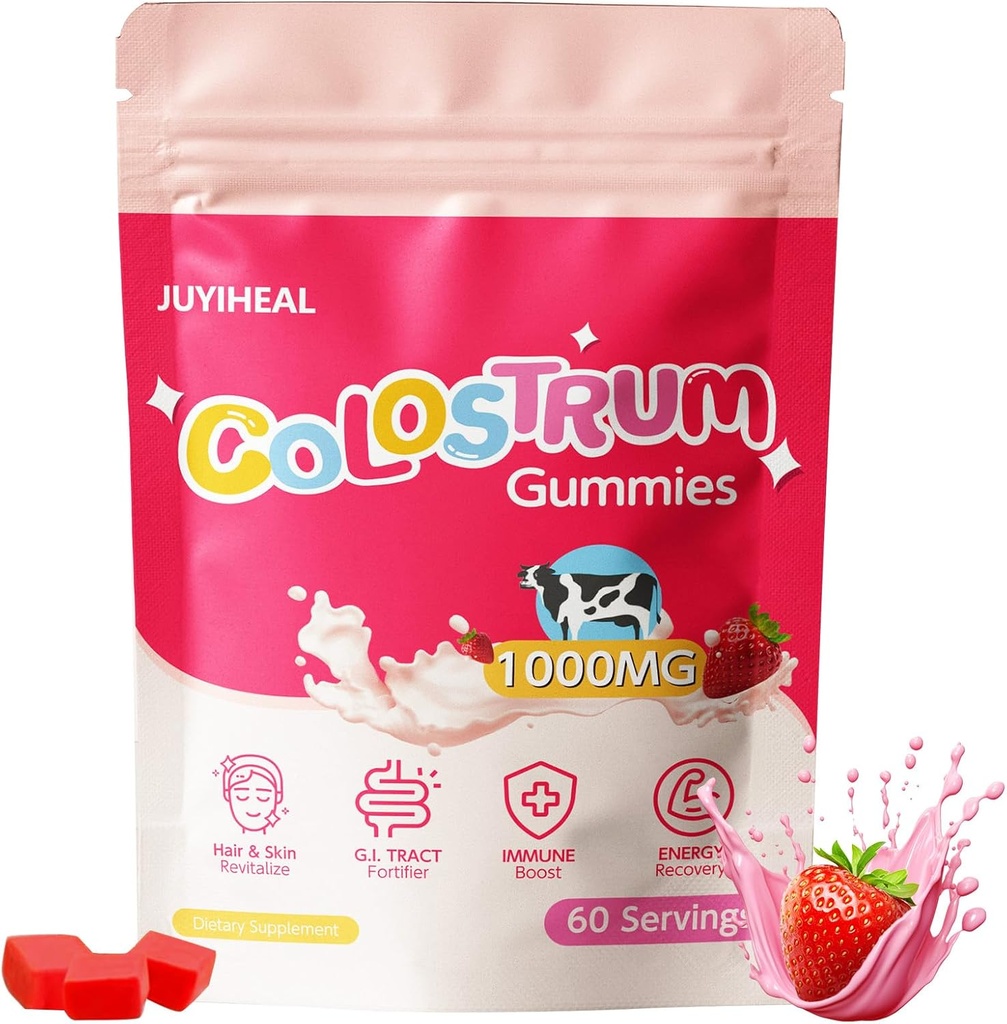 Colostrum Gummies、1000 mgの草のFedのColostrum Chews Colostrumの補足Gutの健康、毛の成長、美および免疫サポート、いちごの味60のサービング