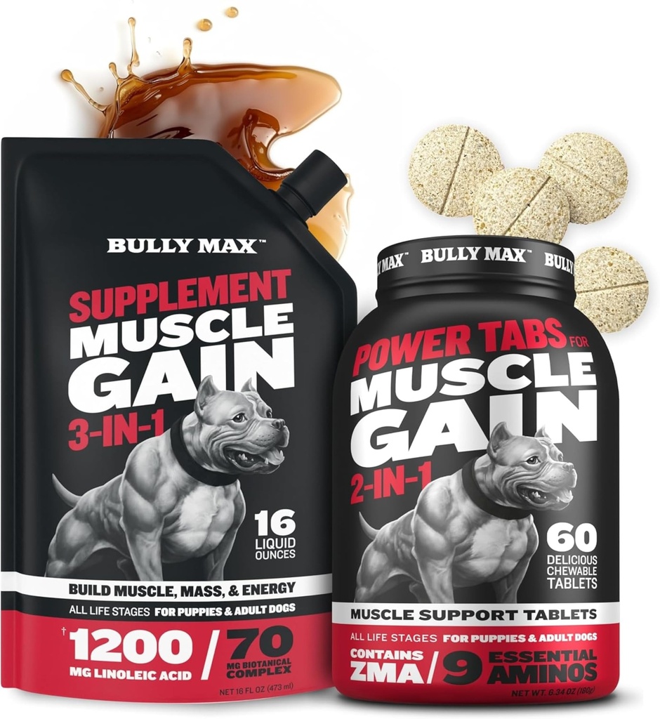 Bully Max 3-in-1 液体犬の筋肉ビルダーとパワータブ (60 タブ) バンドル – 高蛋白サプリメント & 筋肉の成長のための咀嚼可能なマルチビタミン, すべての品種のエネルギーと回復, 子犬 & 大人犬