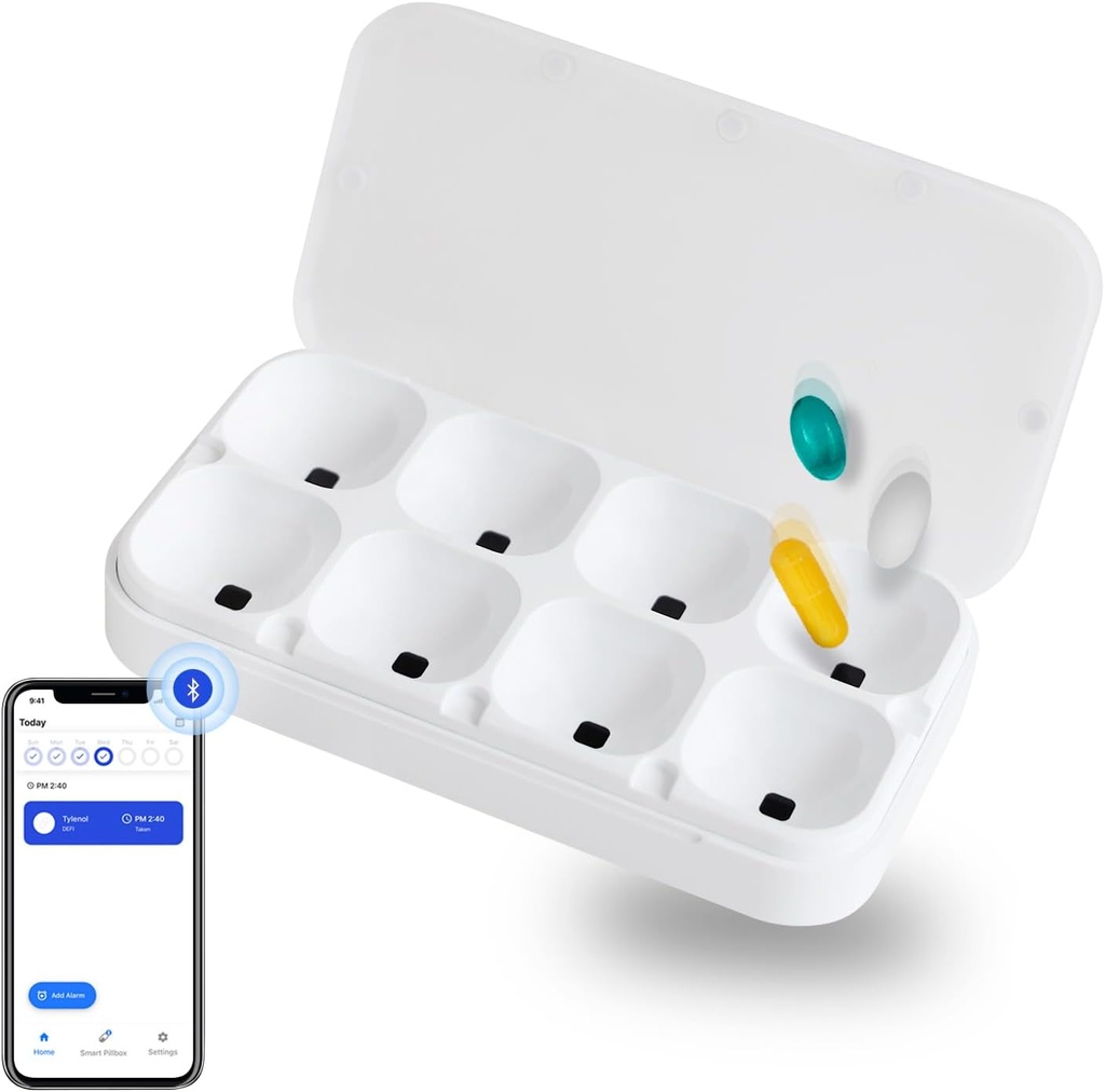 DEFIのスマートなPillbox、大きい、8スロット、丸薬のオルガナイザー、ポータブル、ブルートゥースの使いやすい、警報、音及びライト、毎日、ビタミン、補足のための密集した薬のホールダー、自由なReminderのapp。