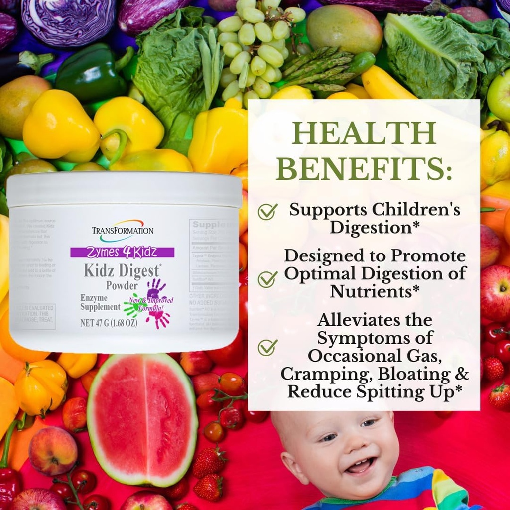 TRANSFORMATION THE GENESIS OF GOOD HEALTH Enzymes Digest Powder, Natural Digestive Support for Kids, Supports Healthy Digestion & Alleviate The Symptoms of Gas, Cramping, Bloating, Easy to Mix, 47g