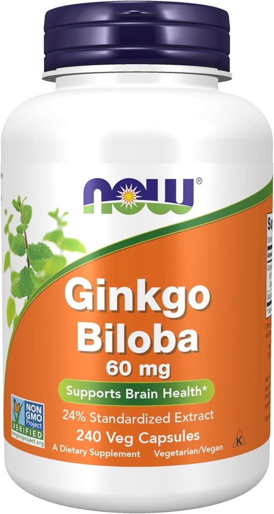 NOW Foods Supplements, Ginkgo Biloba 60 mg, 24% Standardized Extract, Non-GMO Project Verified, 240 Veg Capsules