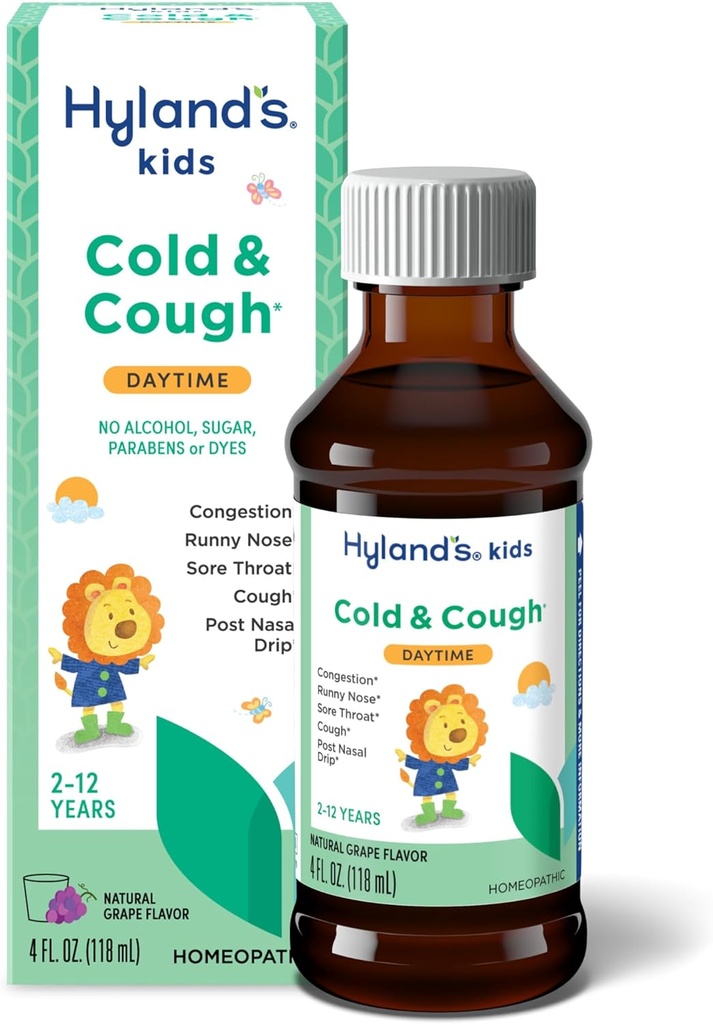Hyland's Kids Cold and Cough, Daytime Grape Flavor Cough Syrup Medicine for Kids Ages 2 and up, Decongestant, Sore Throat Relief, Natural Treatment for Common Cold Symptoms, 4 Fl Oz