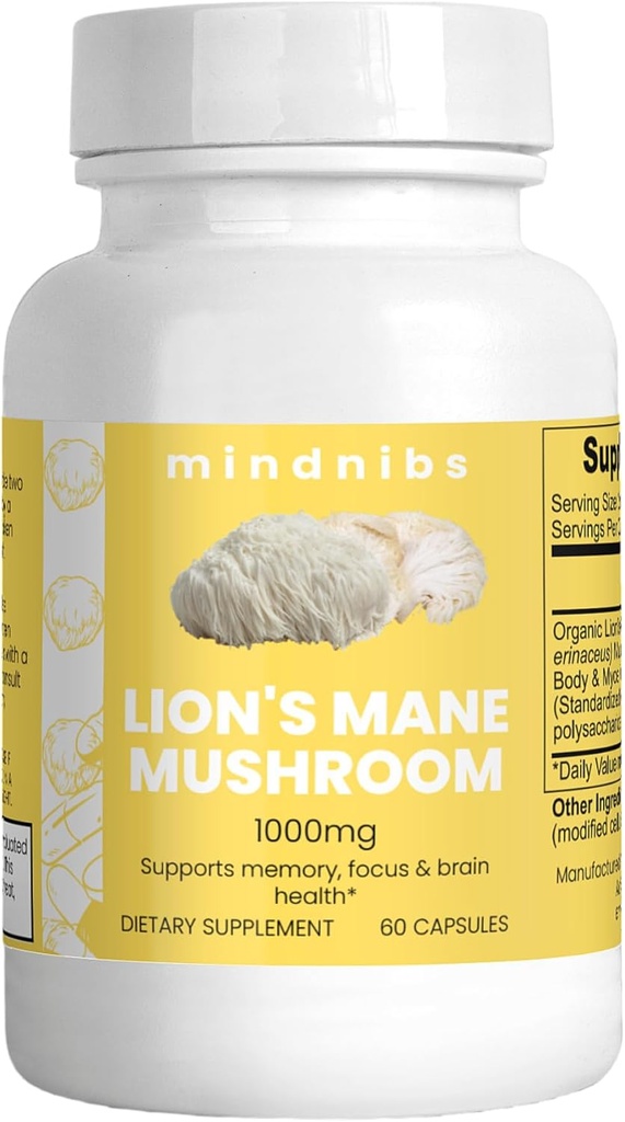有機ライオンのマネのきのこのカプセル1000mg - 認知サポート、神経保護のNootropics、60のビーガン帽子