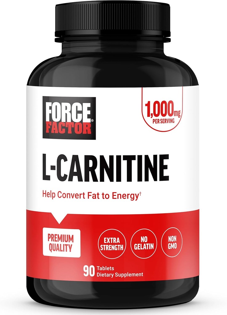 FORCE FACTOR L-Carnitine Supplement, L Carnitine Tartrate 1000mg Capsules to Convert Fat Into Energy, Support Muscle Recovery, and Boost Exercise Performance, Vegan, Non-GMO, 90 Tablets