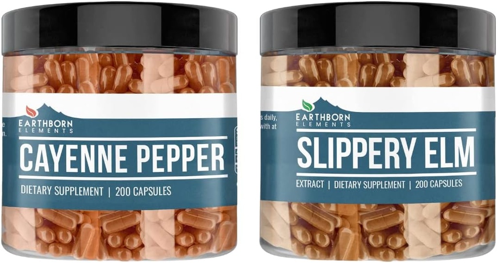 Earthborn Elements Cayenne Pepper & Slippery Elm Bundle (200 Capsules Each) Pure & Undiluted, No Additives