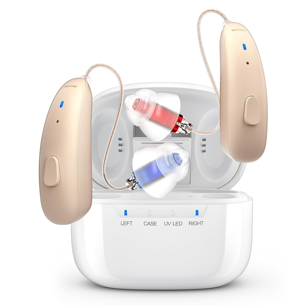 シニアのための充電式補聴器 - 背後にあるBTE補聴器 - 重度の聴覚損失のためのノイズキャンセリング、見えないOTC聴覚アンプ、大人のための充電ケース