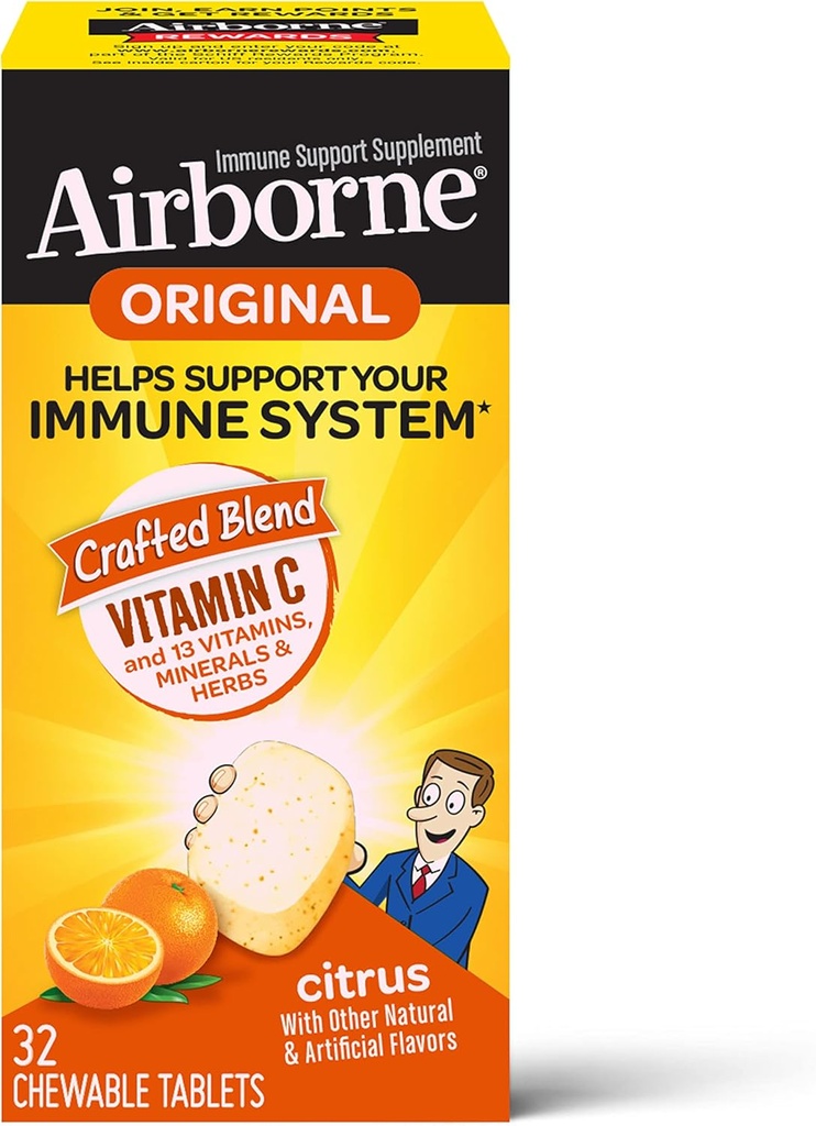 AirborneのビタミンC 1000mg (サービングごとの)柑橘類のChewableのタブレット(箱の32の計算)、ビタミンA C E、亜鉛、Selenium、Echinacea及びジンジャー、酸化防止剤が付いているグルテンフリーの免疫サポート補足