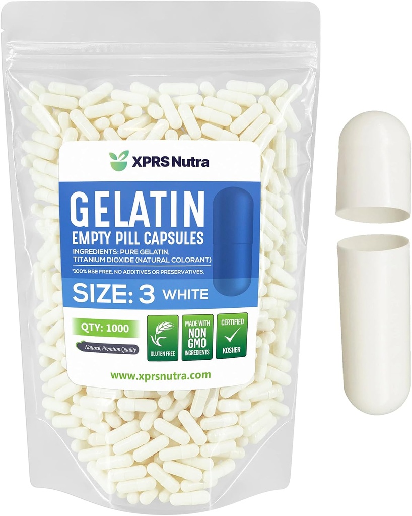 XPRSのNutraのサイズ3の空のカプセル- 1000の計算の空のゼラチンのカプセル-Pills DIYのカプセルの詰物-純粋な牛の丸薬のゲル キャップの満たされたDo-It-Yourselfのビタミンおよび補足(白)