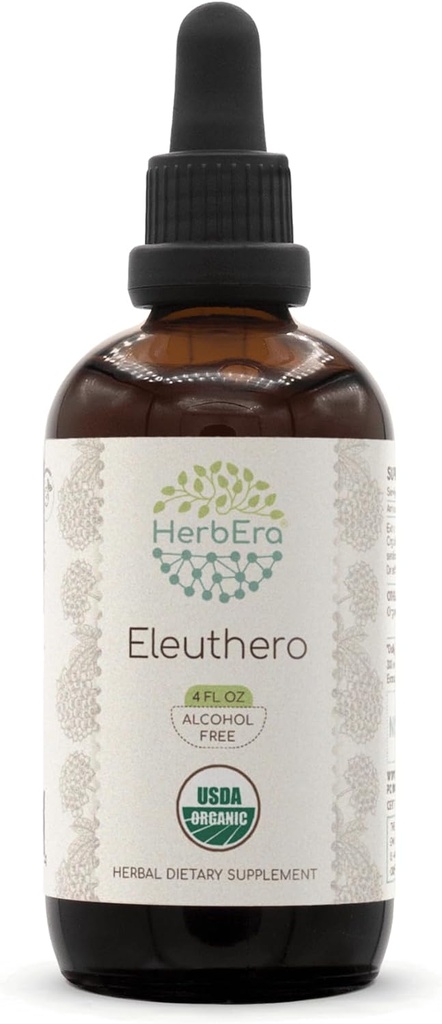 HerbEra Eleuthero B120 USDA Organic Tincture | アルコールフリーエキス、高確率ハーブドロップ | 認定有機Eleuthero(Eleutherococcus Senticosus、Siberian Ginseng)ドライルート(4oz)