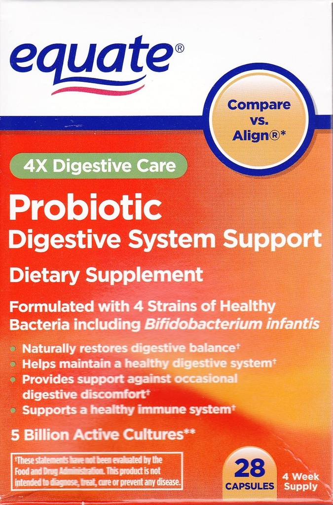 Equate - Probiotic、消化器系サポート、4X消化器系ケア、28カプセル(比較対アライナー)