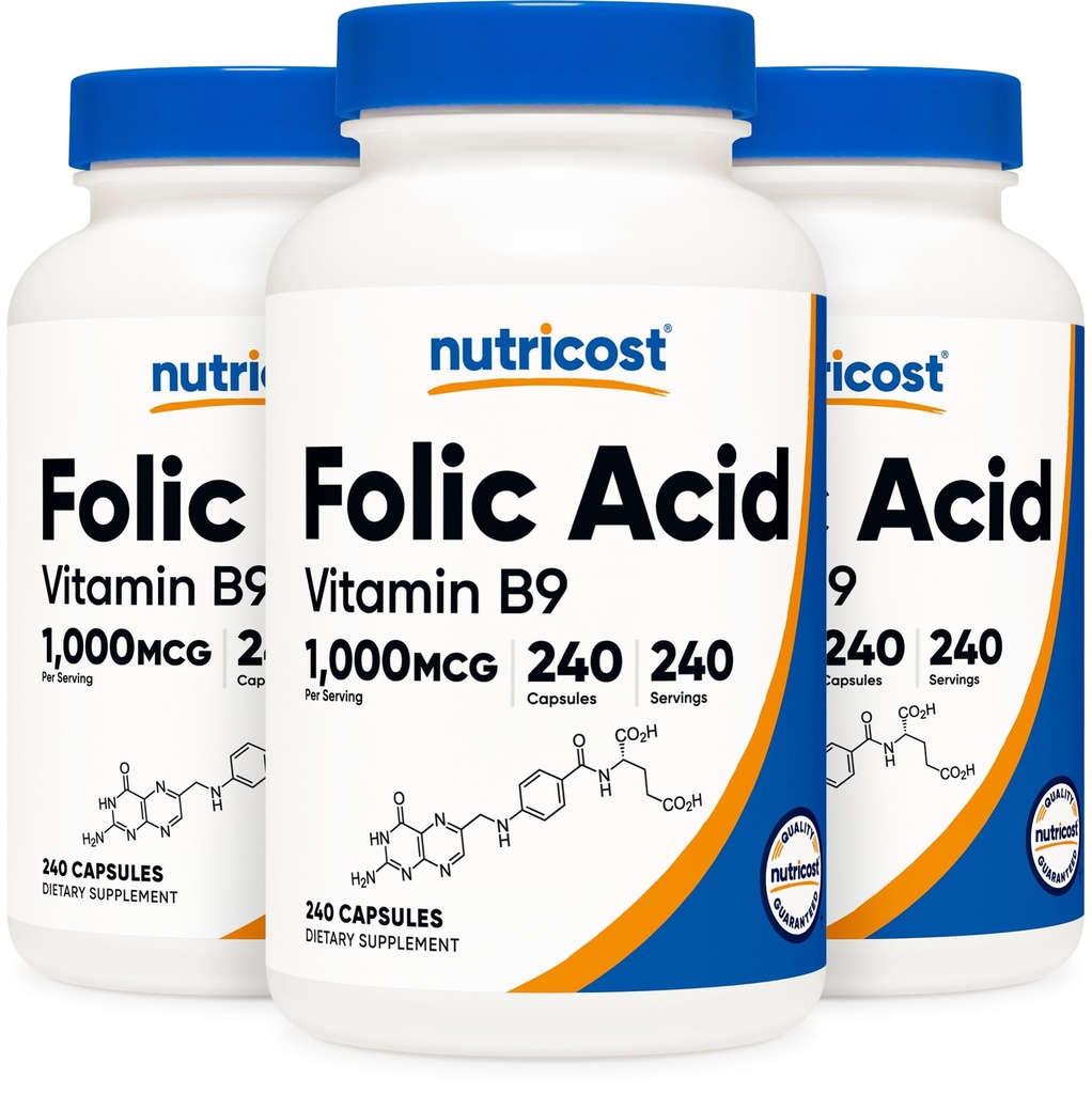 Nutricostの葉酸(ビタミンB9) 1000のmcg、240のカプセル(3本のびん)