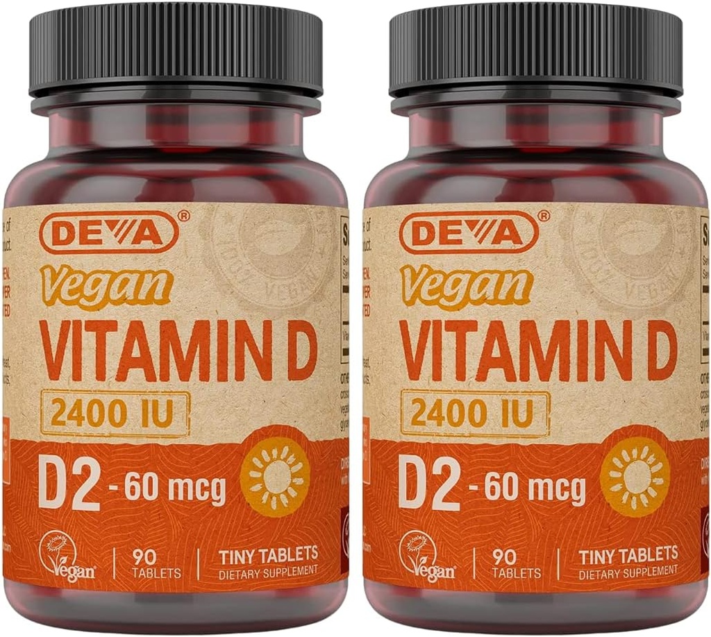 DEVAビーガンビタミンD2 60 mcg 2400 IU, 動物成分なしのエルゴカルセロールサプリメント, 90錠 (パック 2)