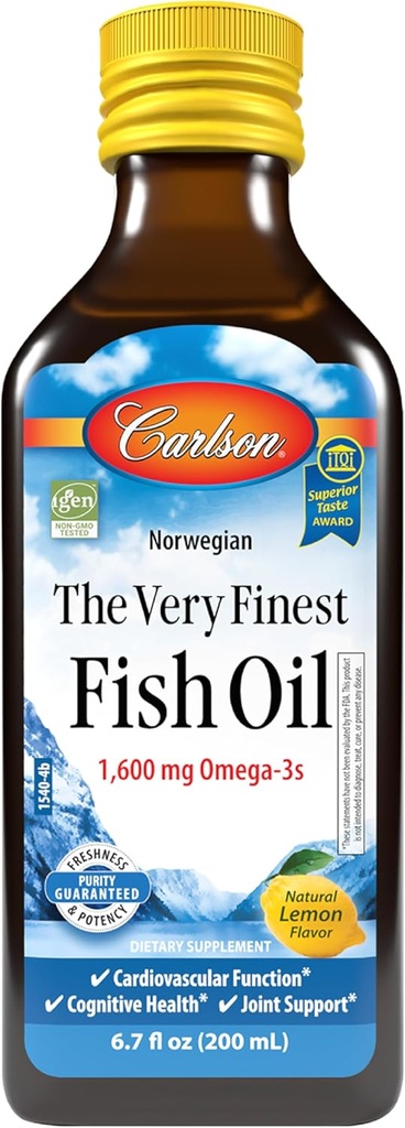 Carlson - The Very Finest Fish Oil, 1600 mg Omega-3s, Liquid Fish Oil Supplement, Norwegian Fish Oil, Wild-Caught, Sustainably Sourced Fish Oil Liquid, Lemon, 200ml, 6.7 Fl Oz