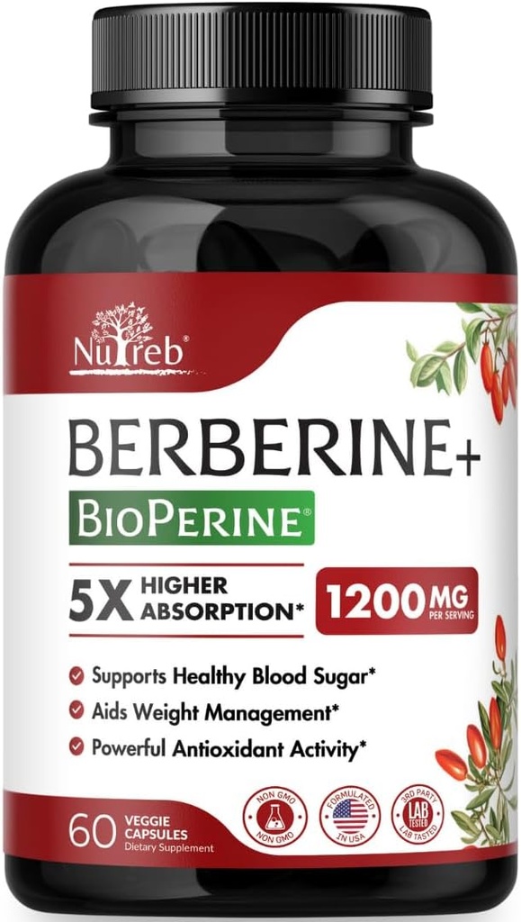 Berberineの補足1200mg - 5Xより高い吸収 -超純粋な98% Berberine HCL - 健康な重量管理、免疫サポート - 非GMO、米国で製造 - 60ビーガンカプセル