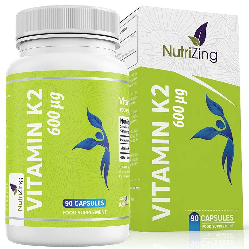 NutriZing K2ビタミンサプリメントMK-7 - 高強度600mcg - 骨と動脈の健康をサポート - 90ビーガンカプセル - 男性と女性のためのビタミンK2 - 3ヶ月の供給