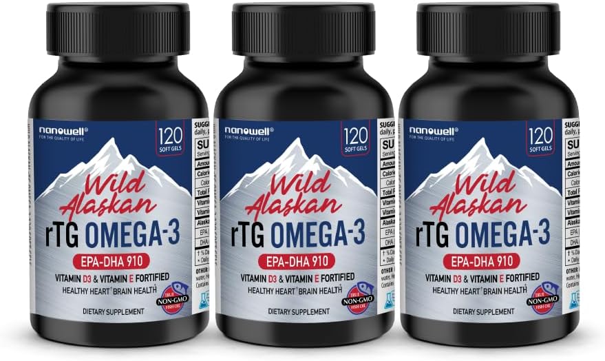 NANOWELLの野生のアラスカrTG Omega-3の魚油1196mg - EPA、DHA、ビタミンD3及びE - 120のSoftgels x 3のびん(360の計算)