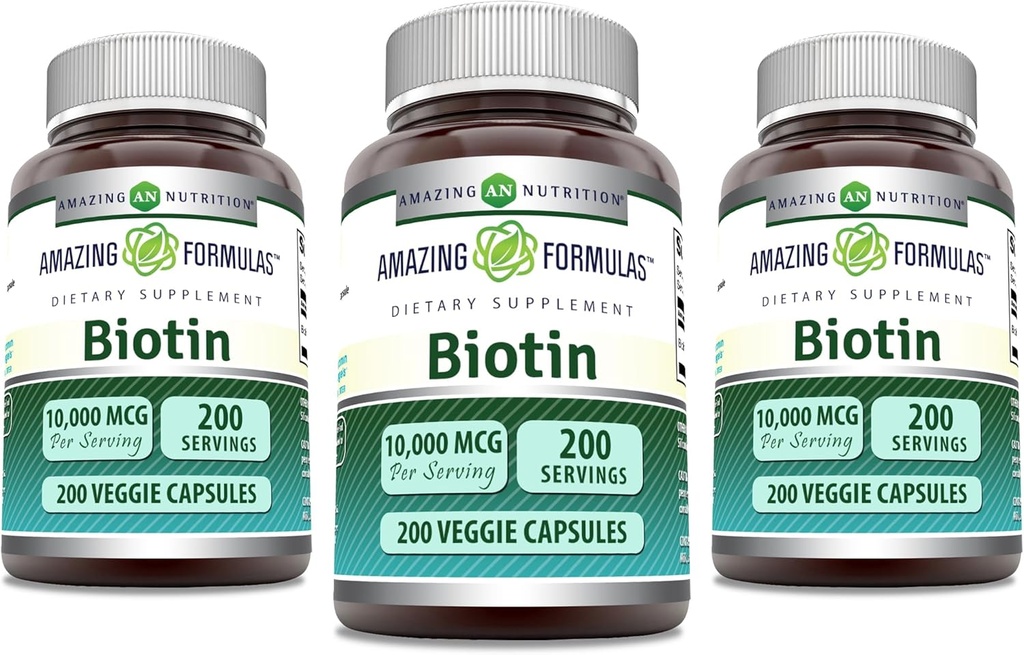 アメージングフォーミュラ ビオチン 10000 mcg ベジギーカプセル | ビタミンB7サプリメント | 非GMO | グルテンフリー | アメリカ製 (200 カウント | 3 パック)