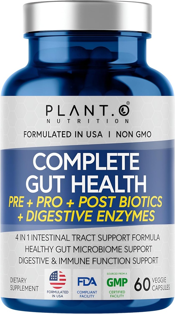 4-in-1 Prebiotic Probiotic & Postbiotic for Women & Men, Complete Gut & Digestive Support Supplement, Pre Post Probiotics & Digestive Enzymes 60 Capsules