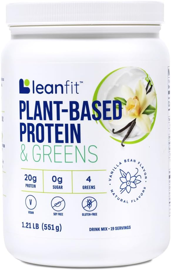 LeanFit植物ベースのたんぱく質&グリーンナチュラルバニラ - 20g植物タンパク質+ 4 給餌ごとの葉グリーン - ビーガン、グルテンフリー、大豆フリー、砂糖なし - 19 サービング、1.21ポンドチューブ