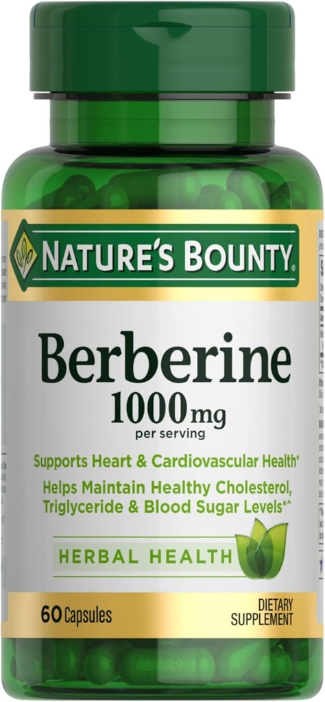 Nature’s Bounty Berberine 1000mg Capsules, Supports Heart Health, Cholesterol & Blood Sugar Levels in a Normal Range, Non-GMO Supplement, 60 Count
