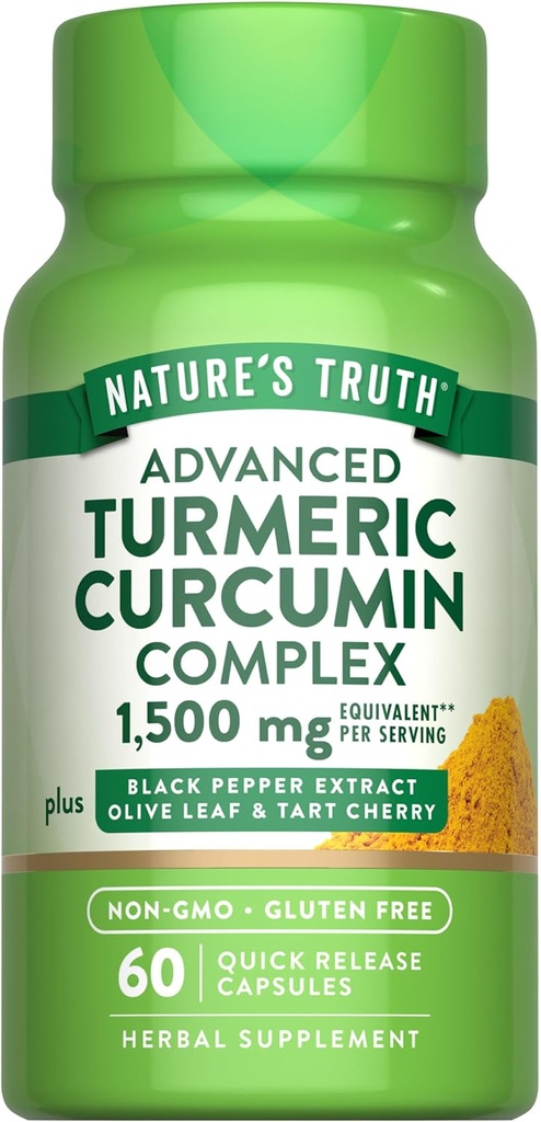 Nature's Truthターメリッククルクミン1500mg | 60カプセル | ブラックペッパーエキス、オリーブリーフ&タルトチェリー付き | 非GMO&グルテンフリーサプリメント