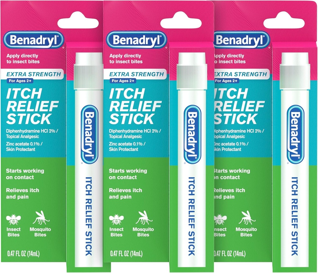 Benadrylの余分強さの反イッチの救助の棒、虫のビト・イッチの救助、Diphenhydramine HClのTopicalの鎮痛剤及び亜鉛アセテートの皮の保護剤、キャンプの要素、0.47のflのoz (パッキング3)