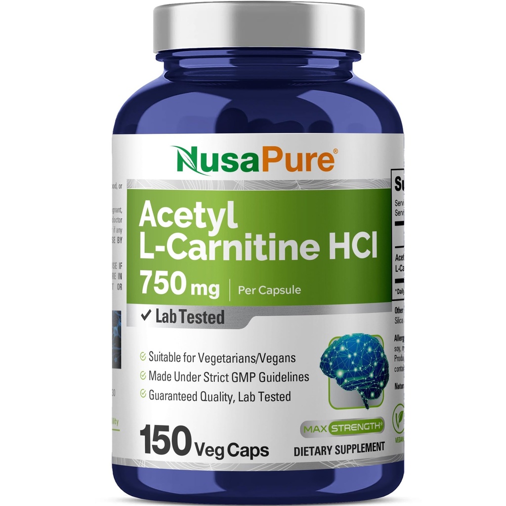 NusaPure アセチル L-カルニチン 750mg/キャップ 150 野菜カプセル (非GMO、ビーガン) 高効力アセチル L カルニチン HCL (ALCAR)