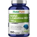 NusaPure アセチル L-カルニチン 750mg/キャップ 150 野菜カプセル (非GMO、ビーガン) 高効力アセチル L カルニチン HCL (ALCAR)