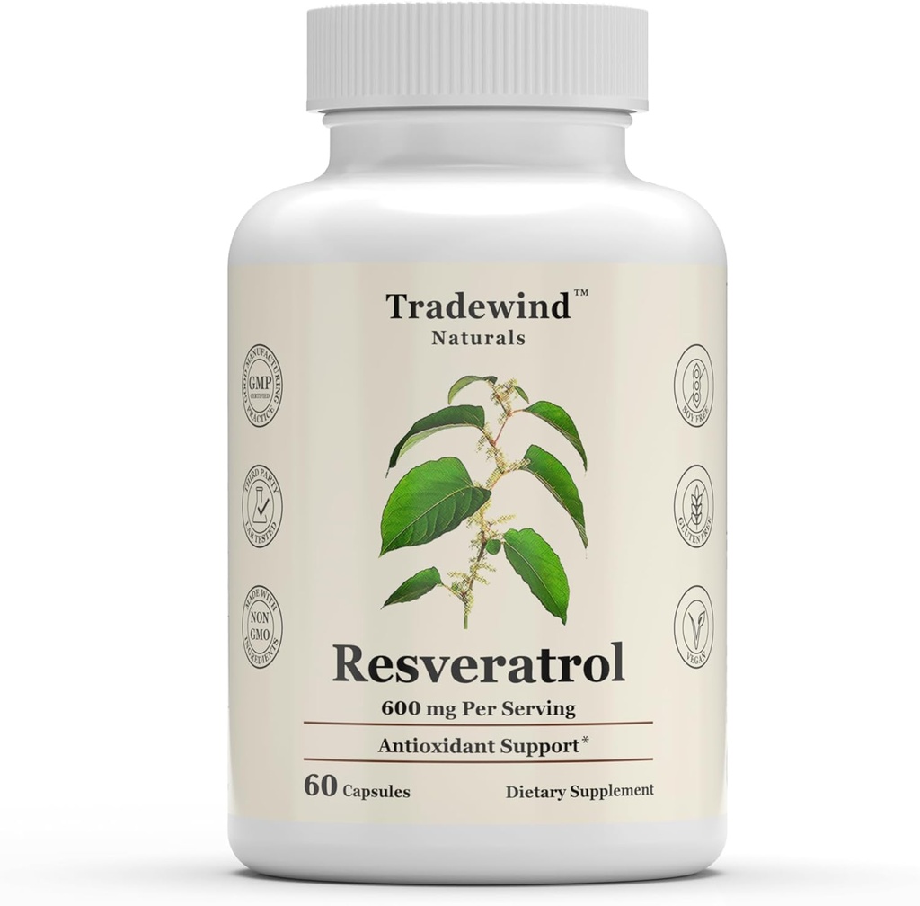 Resveratrol 600mg - ビーガン - 非GMO - 健康的な老化と心血管の健康をサポート - 抗酸化剤で豊富 - 60野菜カプセル