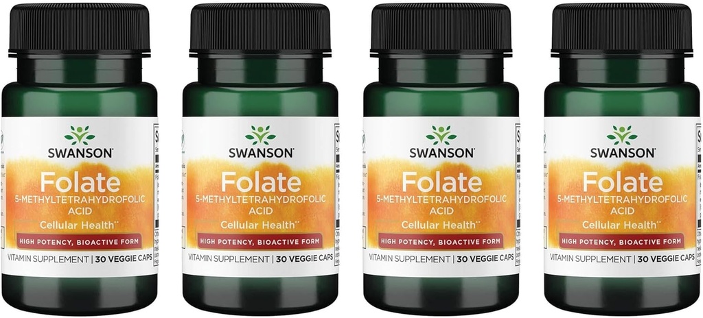 Swanson Folateの5-Methyltetrahydrofolicの酸-高い効力、生物活動的な形態800 mcg Dfe 30のVegeの帽子(4のパック)