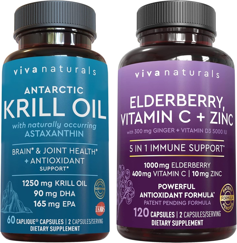Viva Naturals の円弧オイルおよびエルダーベリー、ビタミンC、亜鉛およびビタミンD3 5000 IUの束、1250のKrillオイルのmgは共同健康のためのオメガ3 EPAおよびDHA、免疫サポートのためのエルダーベリーを提供します