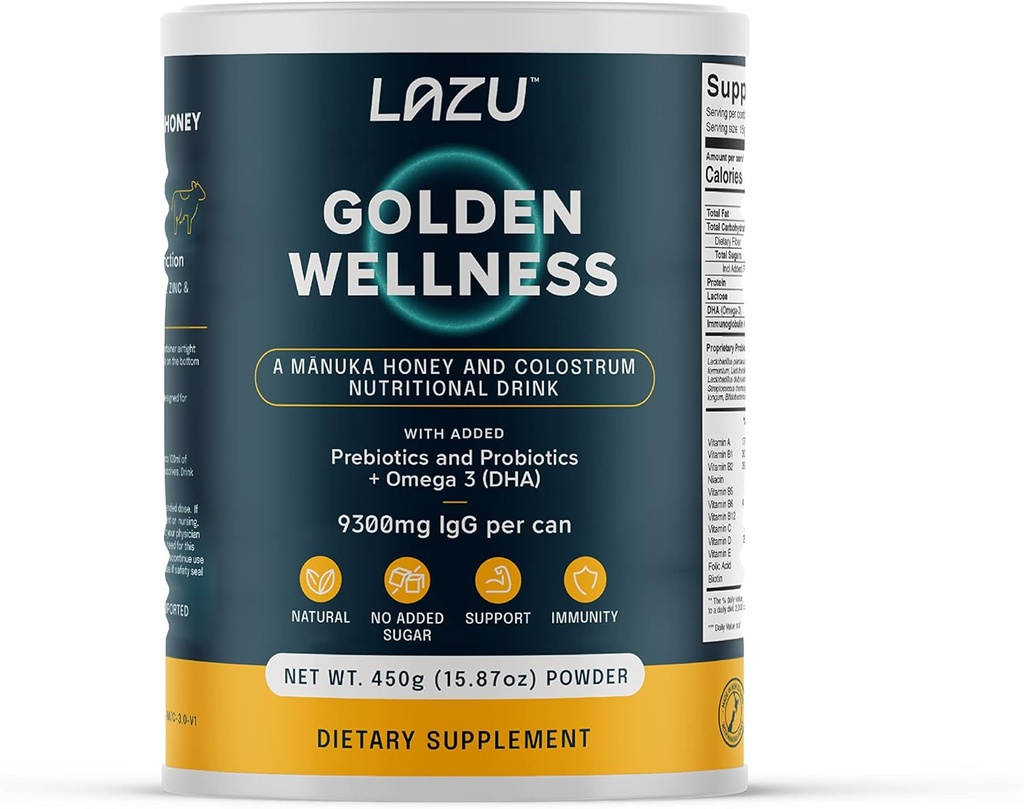 Lazu Golden Wellness Colostrum Supplement,Grass-Fed Bovine Colostrum Powder (310mg IgG & lactoferrin), NZ Monofloral Manuka Honey (200MGO), Vitamins Promotes Gut Health & Athletic Performance - 450g