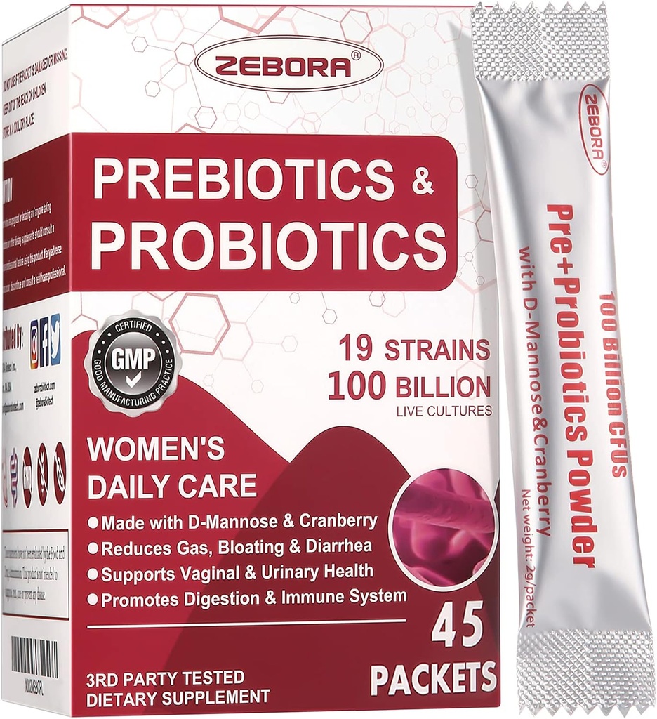 ZEBORA Probiotics-for-Women 100-Billion-CFUsプレバイオティクス、D-Mannose&Cranberry Digestive、免疫、フェミニンUT健康サポート、究極のプロバイオティック女性のケア、大豆&グルテンフリー、45パケット
