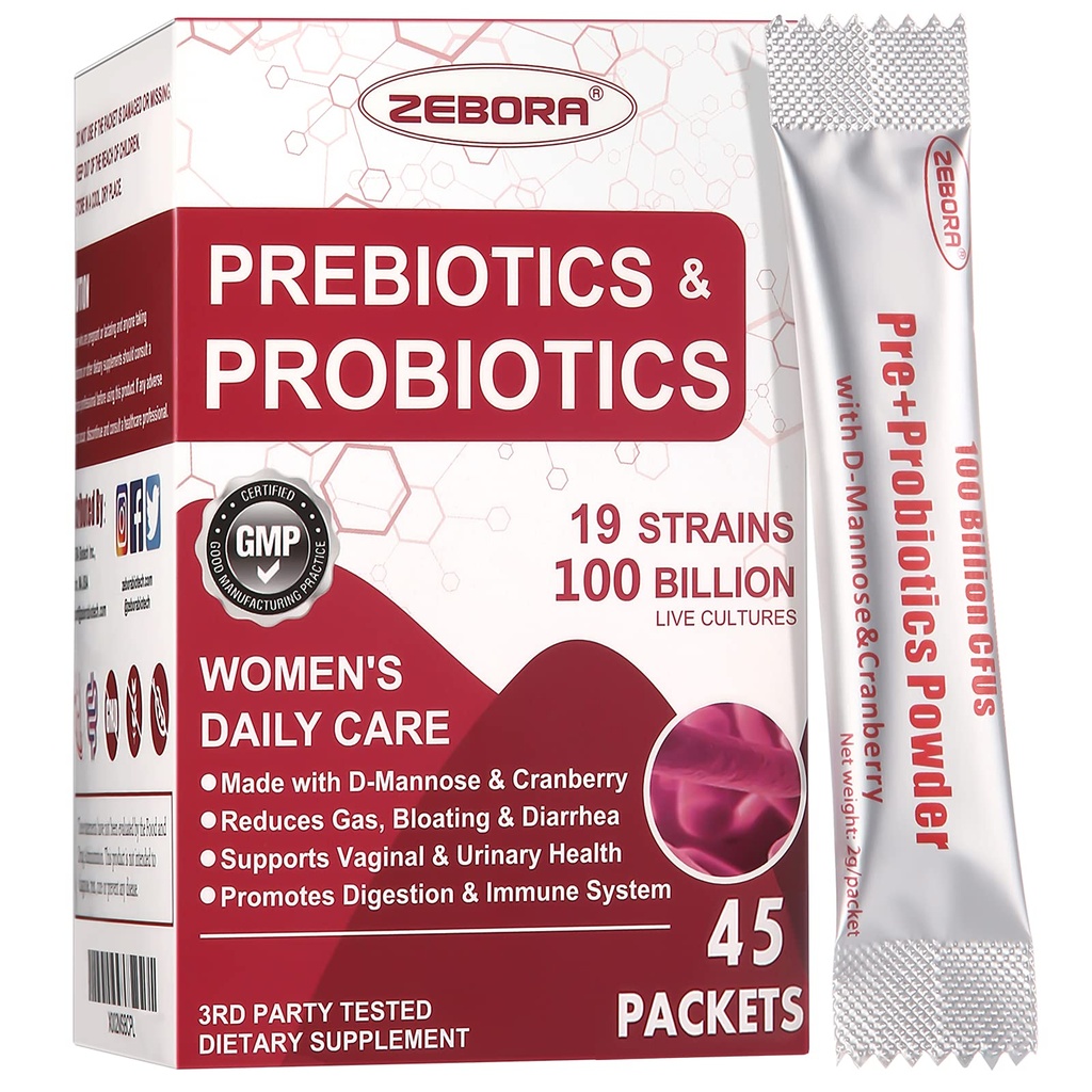 ZEBORA Probiotics-for-Women 100-Billion-CFUsプレバイオティクス、D-Mannose&Cranberry Digestive、免疫、フェミニンUT健康サポート、究極のプロバイオティック女性のケア、大豆&グルテンフリー、45パケット