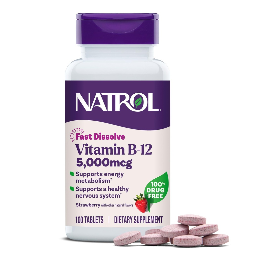 NatrolのビタミンB12 5,000のmcgの速い分解のビタミンB12の補足は100日の供給まで健康な神経系およびエネルギー代謝、100のタブレットを支えます