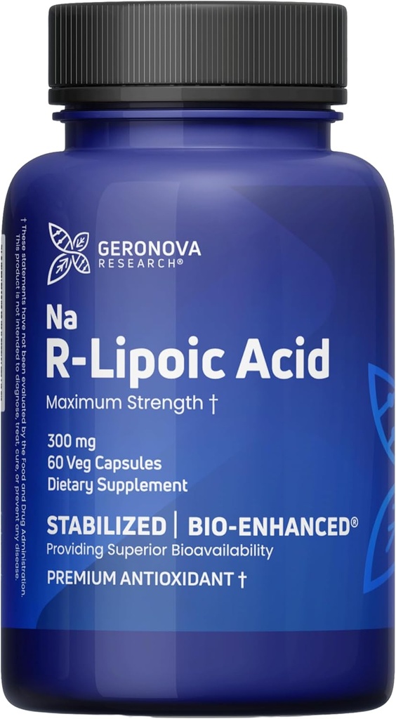 Geronova Research Bio-Enhanced R-Lipoic Acid, 300 mg Capsules - 2 Month Supply - Stabilized R Alpha Lipoic Acid with Enhanced Absorption - R Lipoic Acid Supplement - 60 Count
