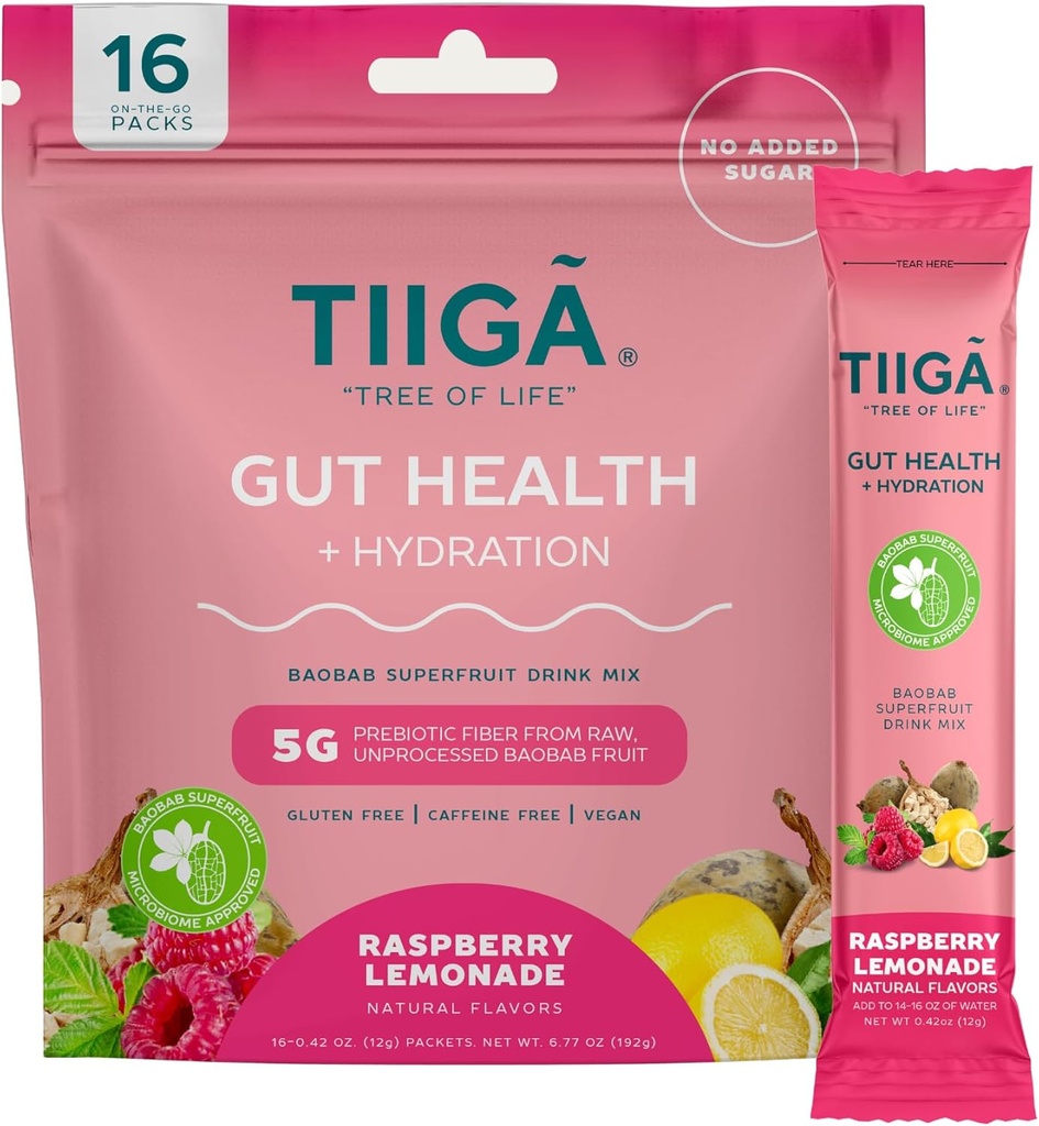 Tiiga Gut Health + Hydration Drink Mix – 7g Baobab, 5g Prebiotic Fiber, Electrolytes, No Dairy, Vegan, No Added Sugar, Digestion, Regularity, & Constipation – 16 Servings