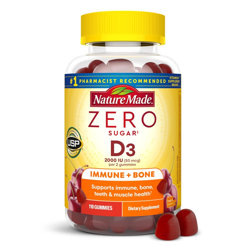 Nature Made Zero Sugar Vitamin D3 Gummies 2000 IU (50 mcg) サービングあたり, 骨 & 免疫サポート, アスパルテームフリー, 110 ビタミンDグミー, 55 日の供給