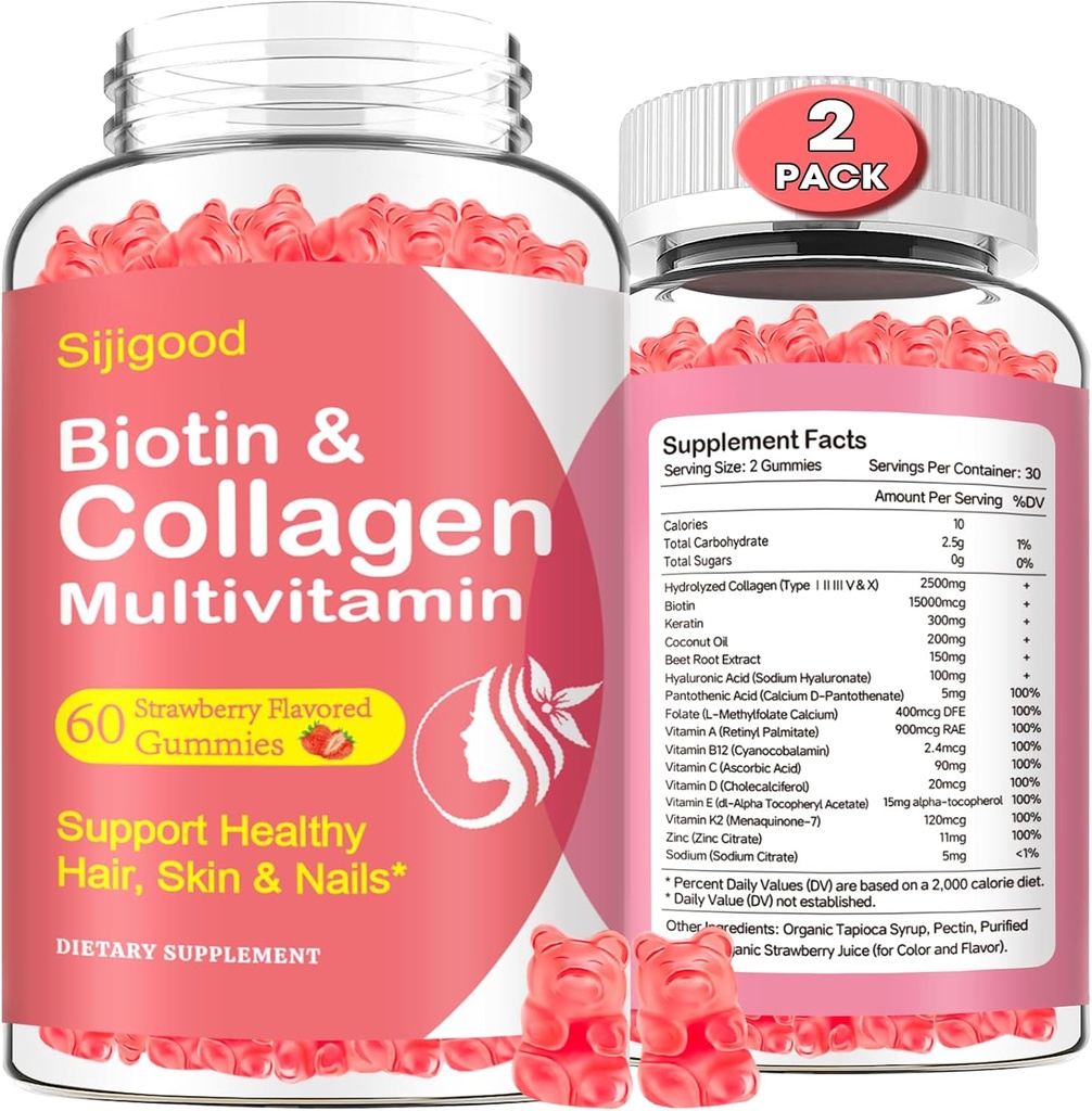 2 Pack Collagen Gummies for Women Men, Hydrolyzed Collagen Peptides Types I,II,III,V,X with Biotin & Hyaluronic Acid, Vitamins C A D E B12 K2 Support, Sugar-Free for Skin Hair Nails Immunity Energy