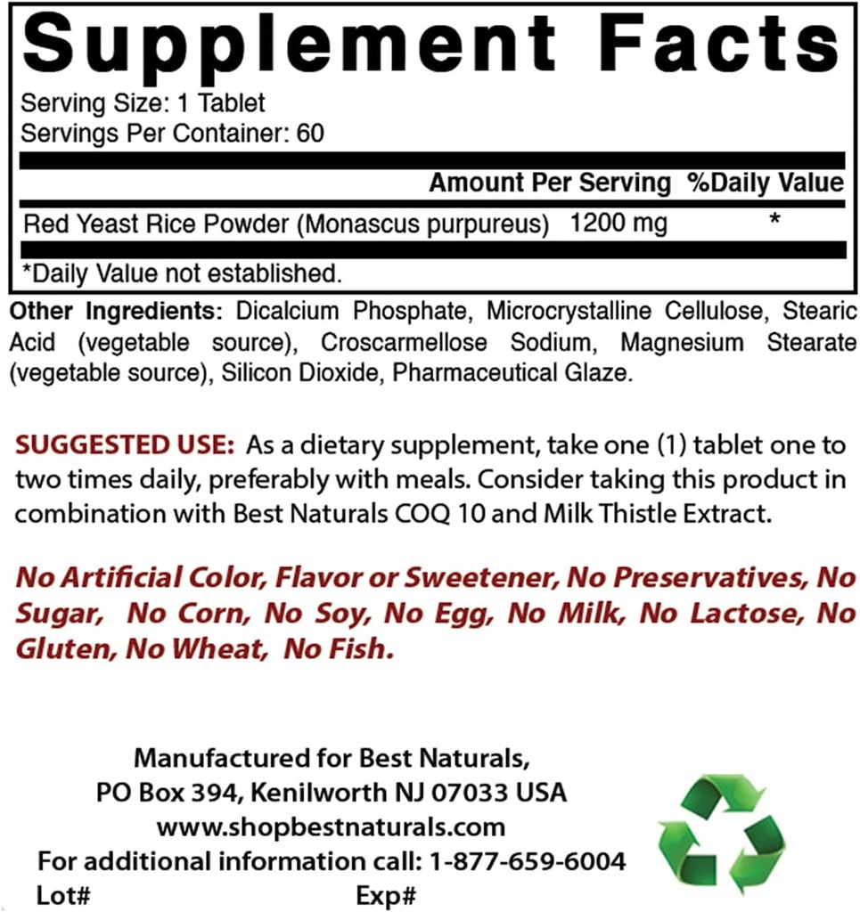 ベストナチュラルズレッドイーストライス1200 Mg&ビタミンB-12 6000 mcg