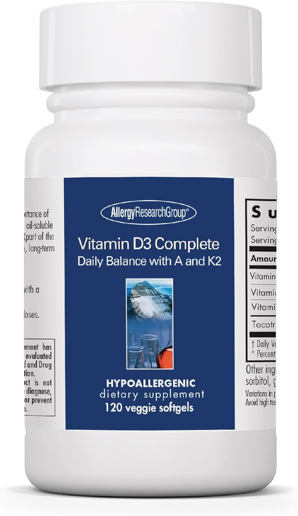 アレルギー研究グループビタミンD3完全 - ビタミンD3とK2サプリメント、ビタミンA、DeltaGoldのトコトリエノール、高効力、ベジーソフトジェル - 120カウント