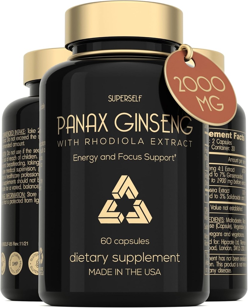 Panax GinsengとRhodiola Rosea 2000mg - 韓国のGinsengの高力60のカプセル - 人のための草の補足- Ginsengの根のエキスの標準化された7%のGinsenosidesのエネルギー複合体-米国は作りました