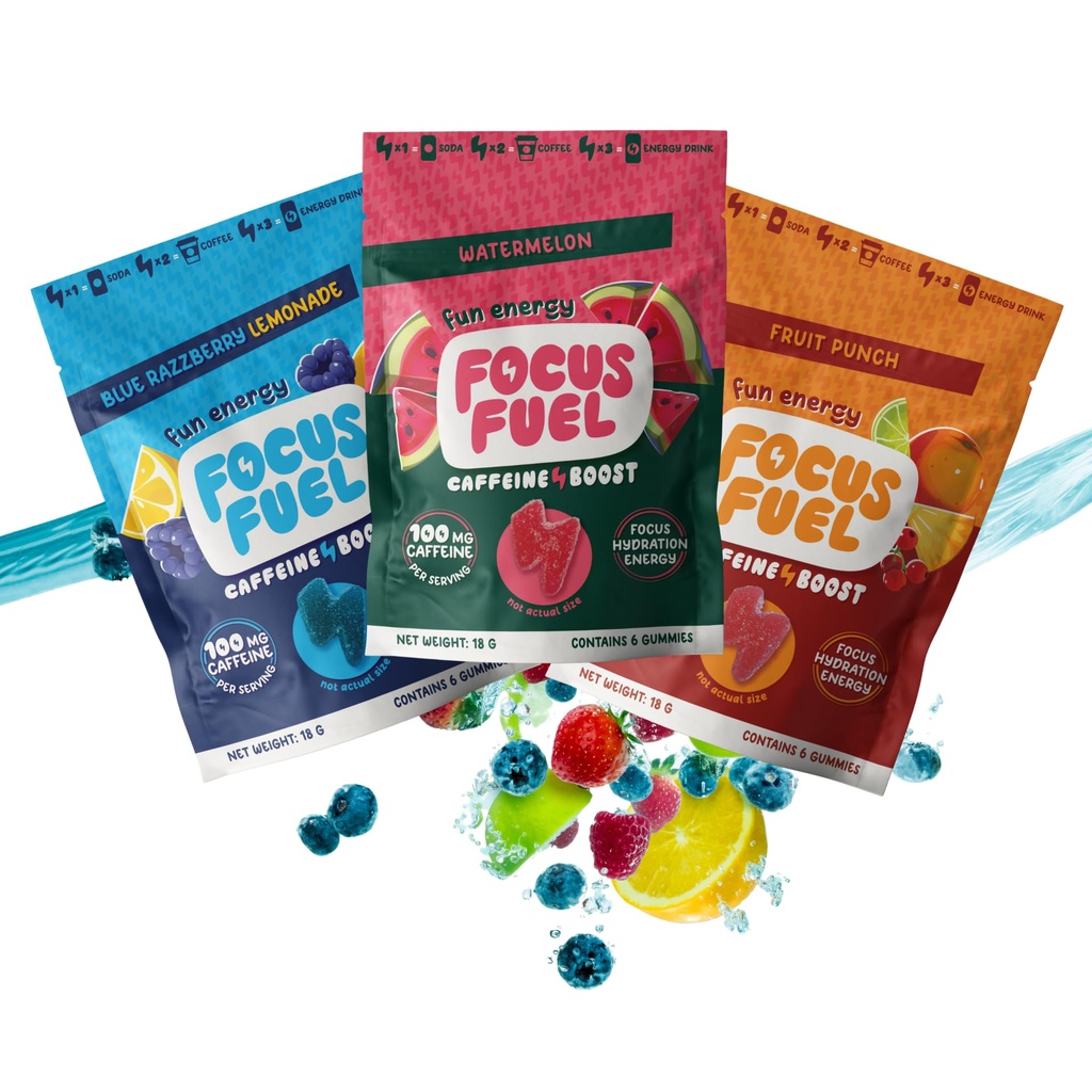 FocusFuel Energy Chews - 試用サイズバラエティサンプルパック(9人前) - 100mgカフェイン+アルファGPC + L-テアニン+ B12、マグネシウム - ブルーラズベリーレモネード、スイカ、フルーツパンチ - クラッシュまたはジッターなし